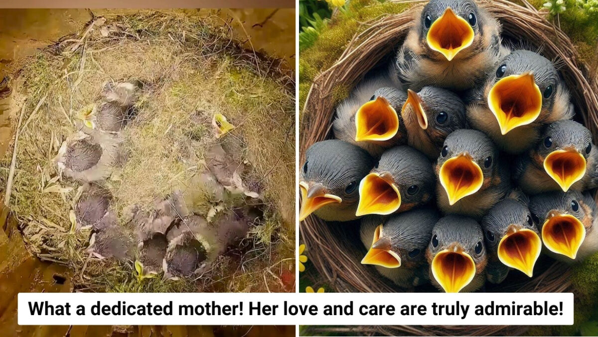 Mother bird with 10 young birds asking for food